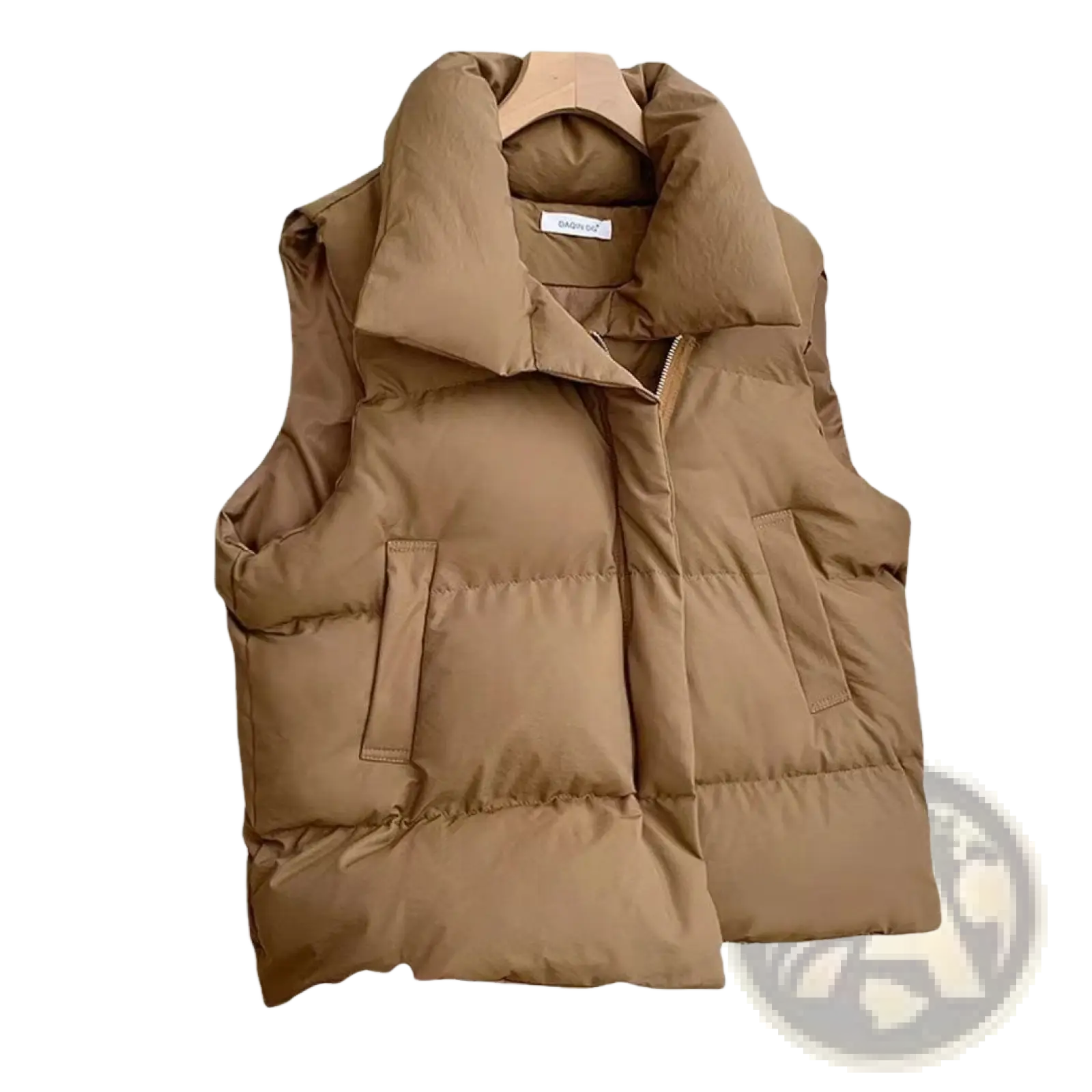 A cozy camel-colored women quilted puffer vest with a loose fit, sleeveless design, and two front pockets