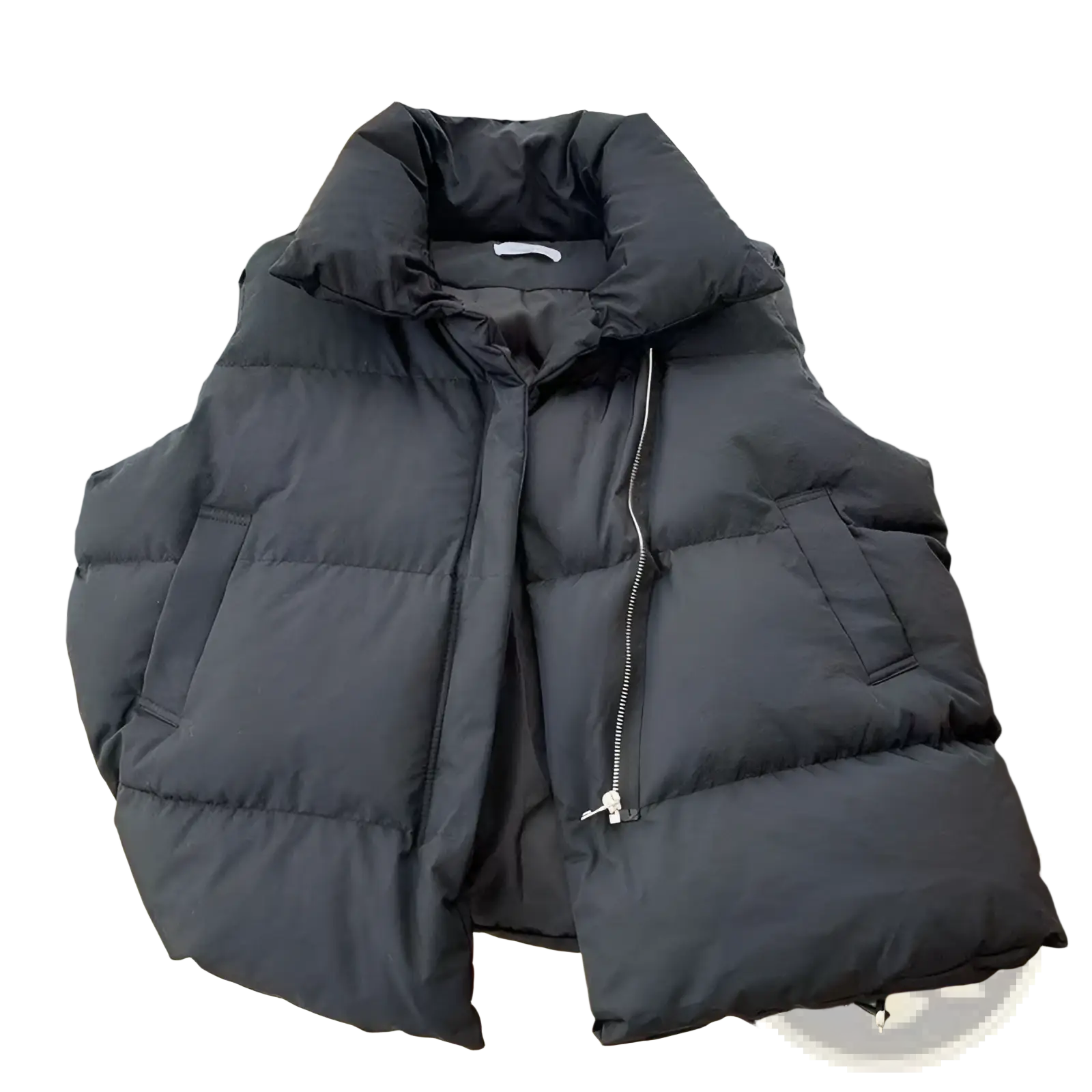 Black quilted puffer vest with high collar sleeveless outerwear for women loose fit lightweight insulation