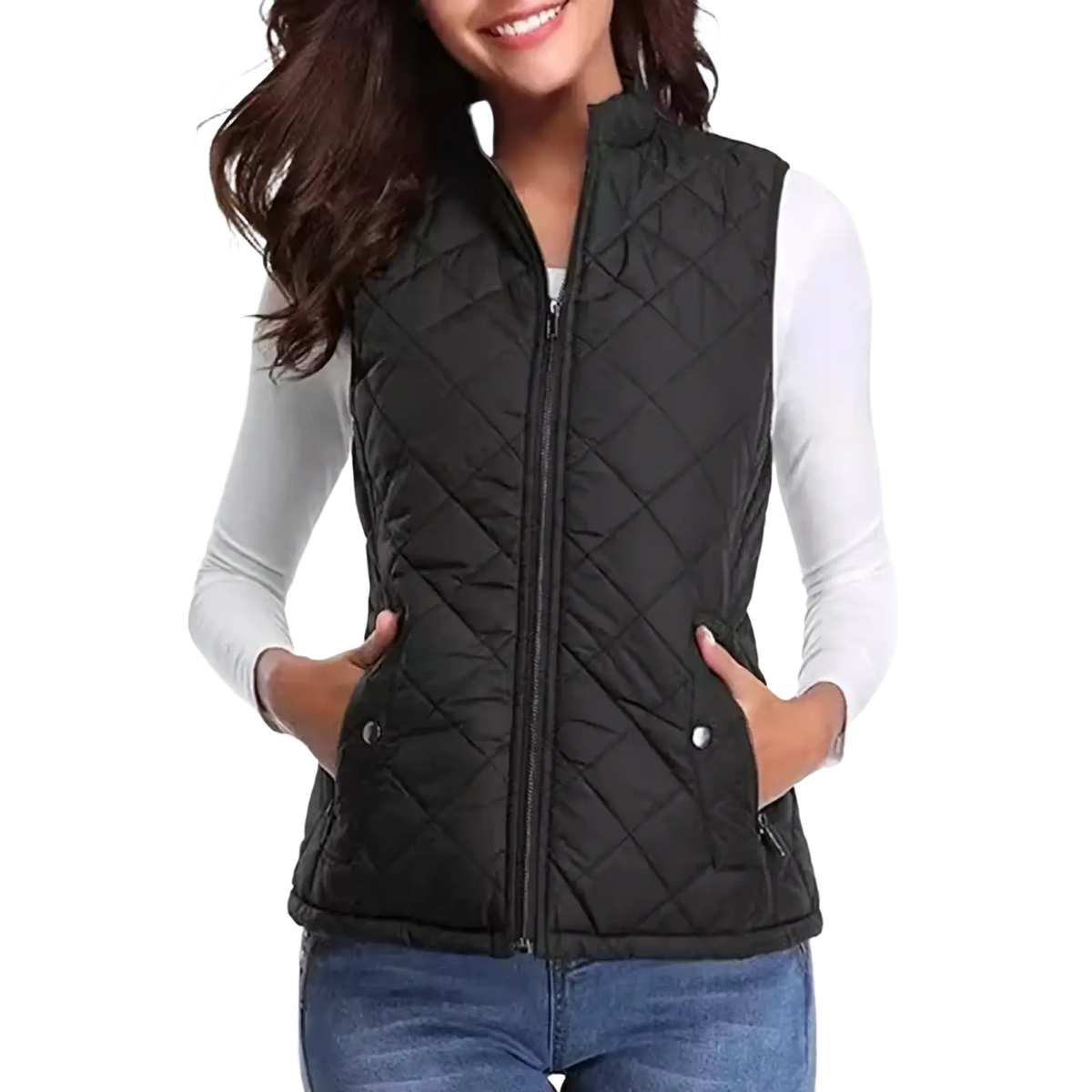 Black quilted winter vest for women with front zipper and two side pockets for cold weather layering