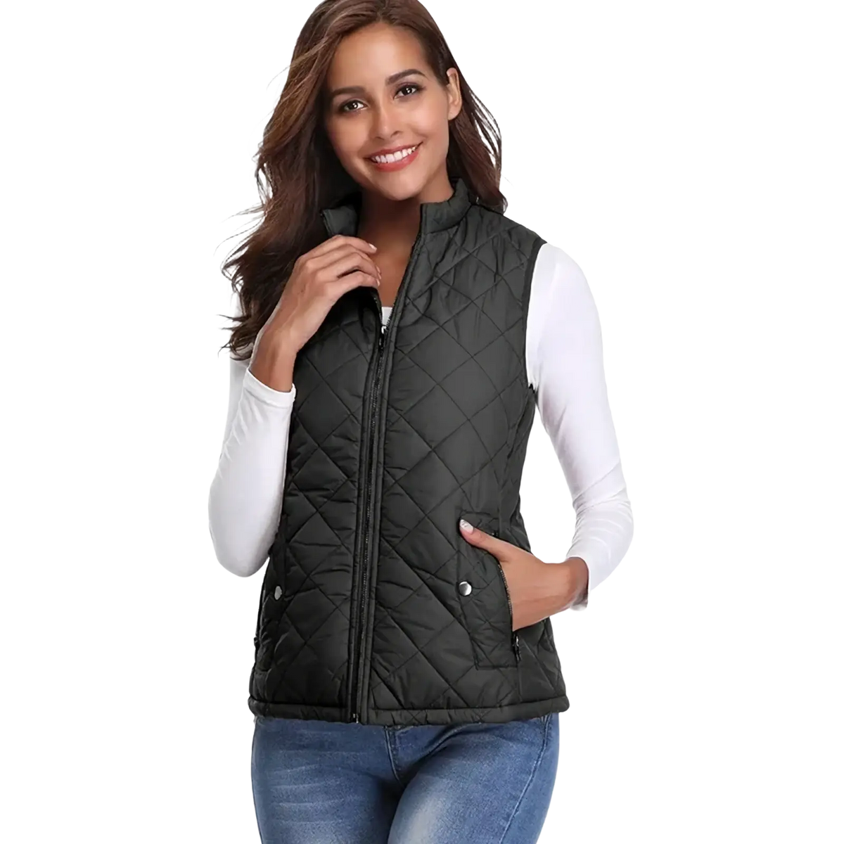 Women quilted winter vest in black with front zipper and two side pockets designed for warmth and style