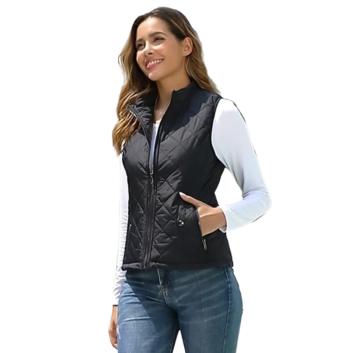 Black quilted women winter vest with front zipper and side pockets designed for warmth and style