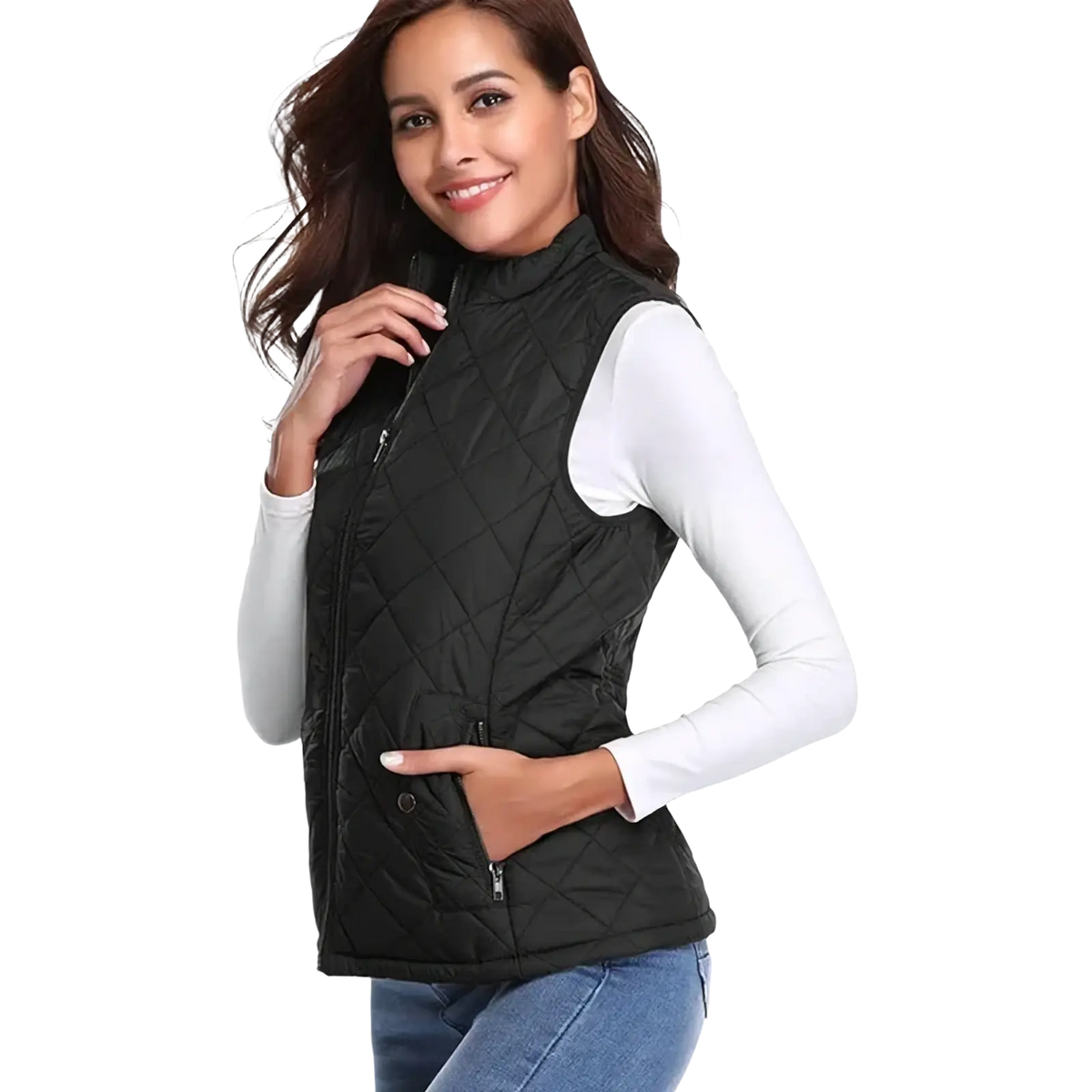 Women quilted winter vest in black with quilted design, high collar, and front zipper for cold weather wear