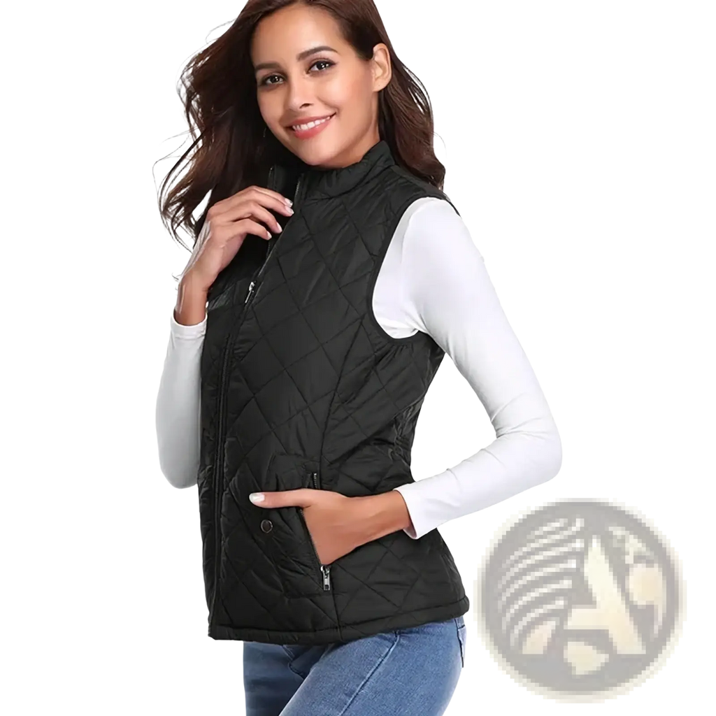 Women quilted winter vest in black with quilted design, high collar, and front zipper for cold weather wear