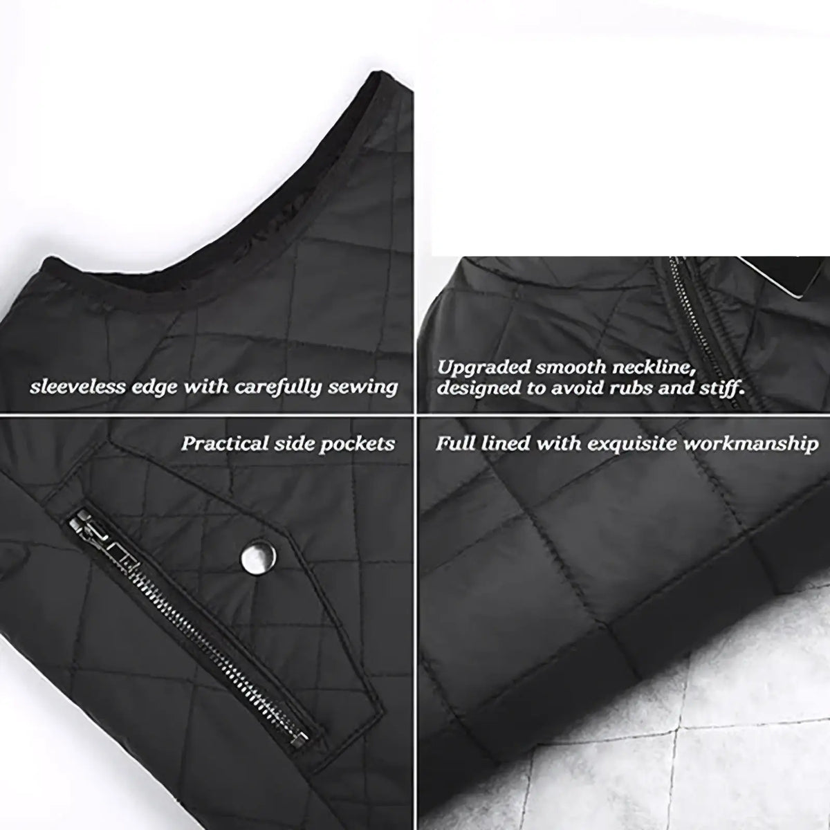 Black quilted sleeveless women winter vest with smooth neckline, side zippered pockets, and snap button closures