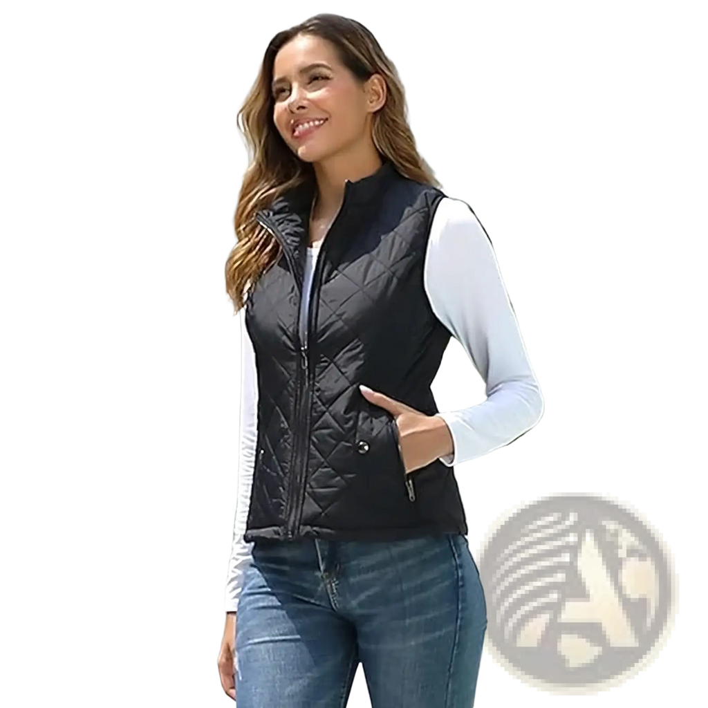 Black quilted women winter vest with front zipper and side pockets designed for warmth and style