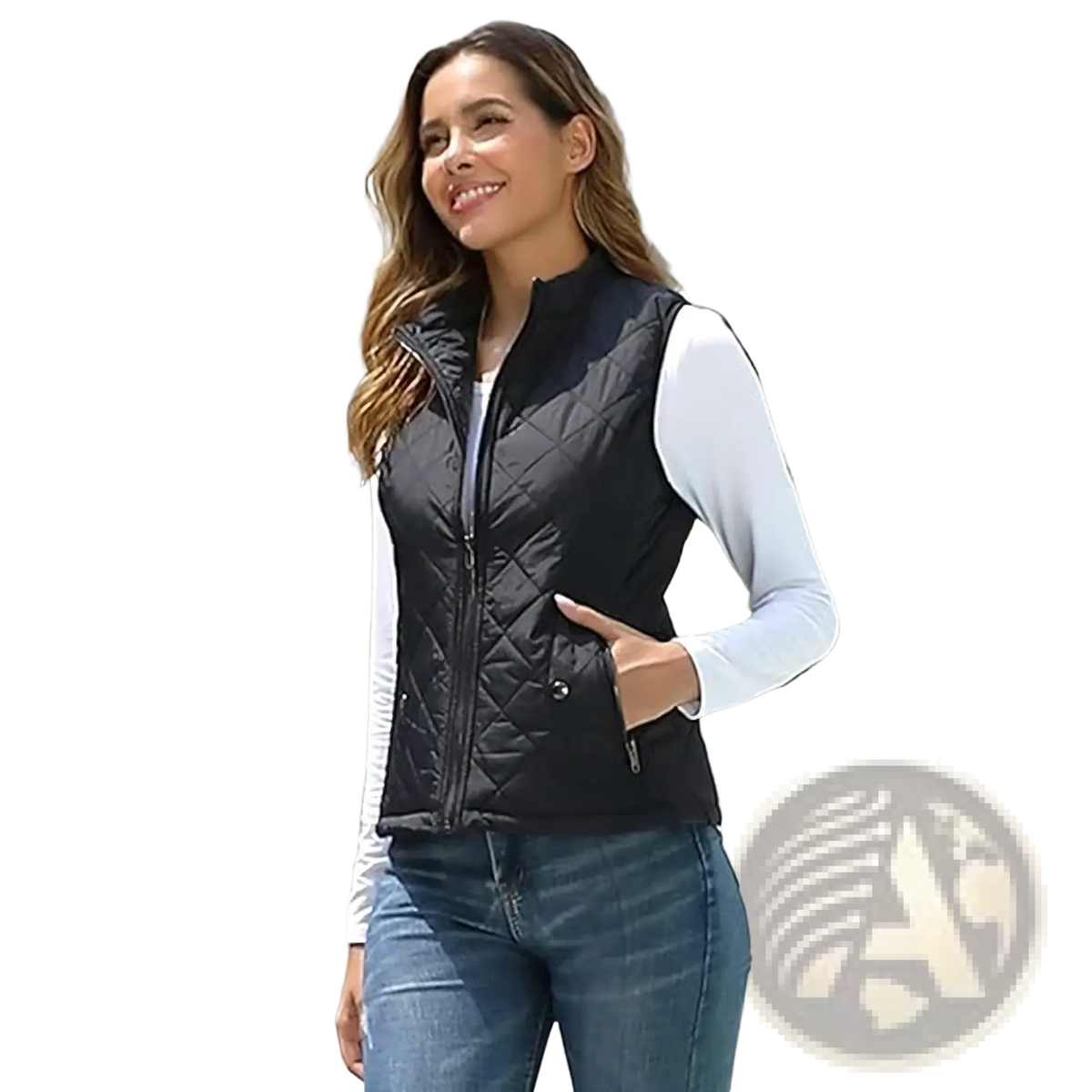 Black quilted women winter vest with front zipper and side pockets designed for warmth and style