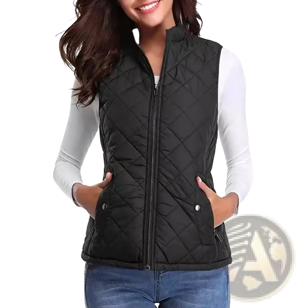 Black quilted winter vest for women with front zipper and two side pockets for cold weather layering