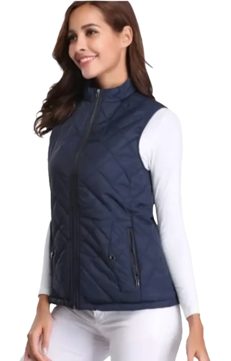 Navy blue quilted winter vest for women with front zipper and side pockets designed for cold weather layering