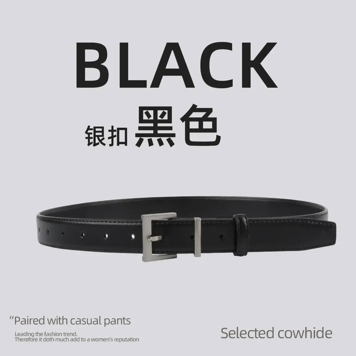 Black leather belt with silver-toned buckle for women casual wear made from real leather