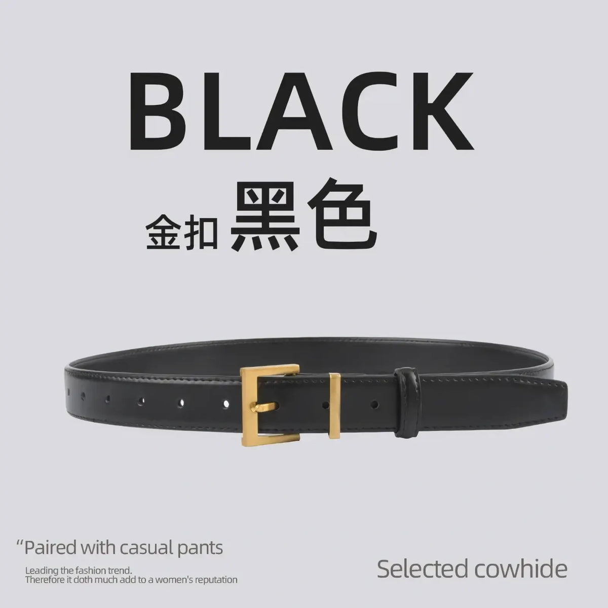 Black leather women belt with gold tone buckle designed as a casual real leather strap accessory