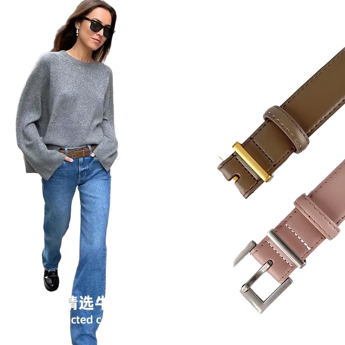 Brown leather women real leather belt with gold-tone buckle designed as a casual strap accessory
