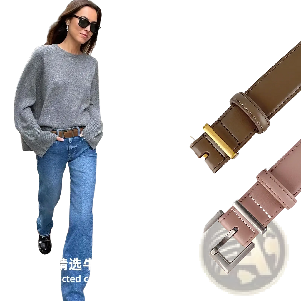 Brown leather women real leather belt with gold-tone buckle designed as a casual strap accessory
