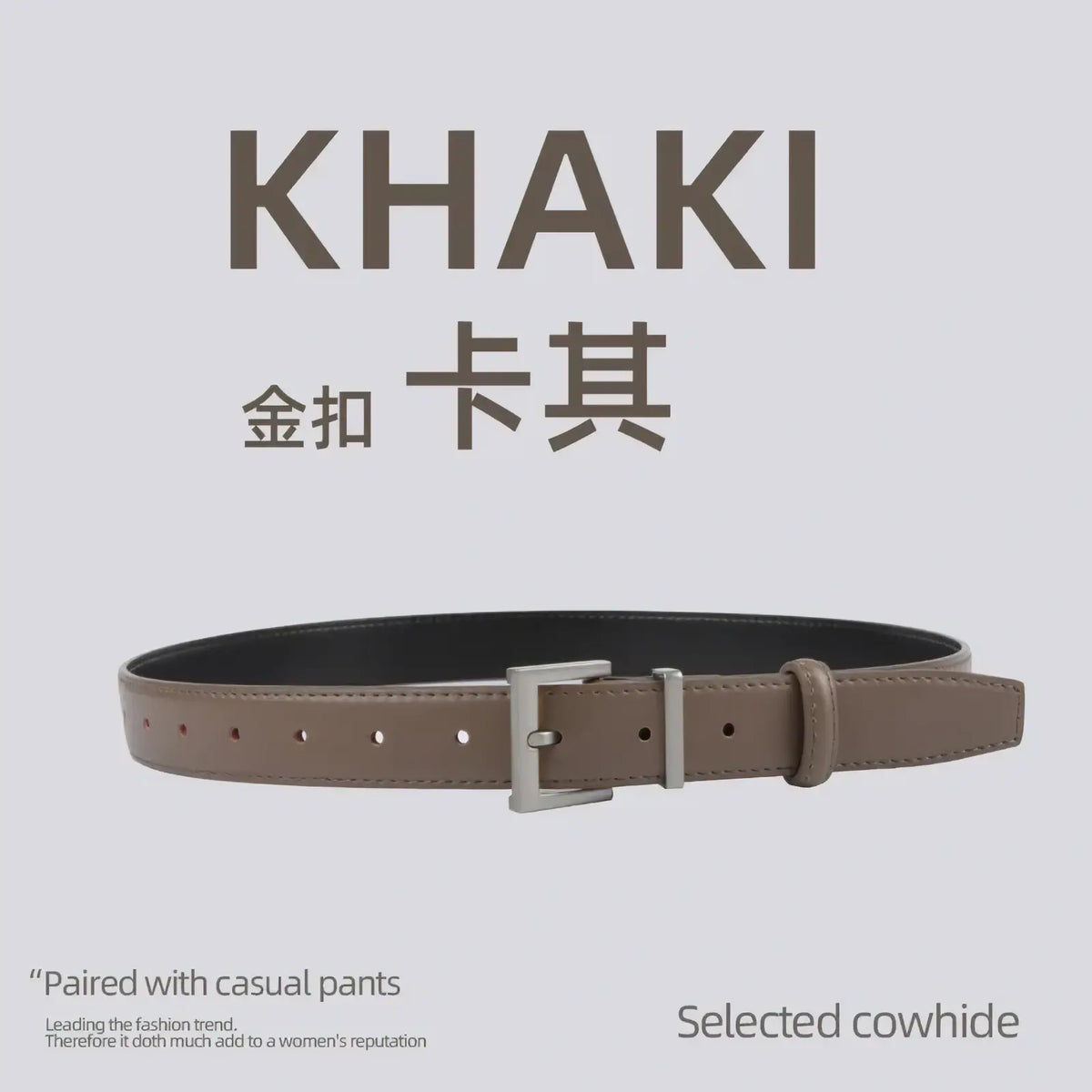 Khaki women real leather belt with gold buckle and black lining crafted from selected cowhide for casual use