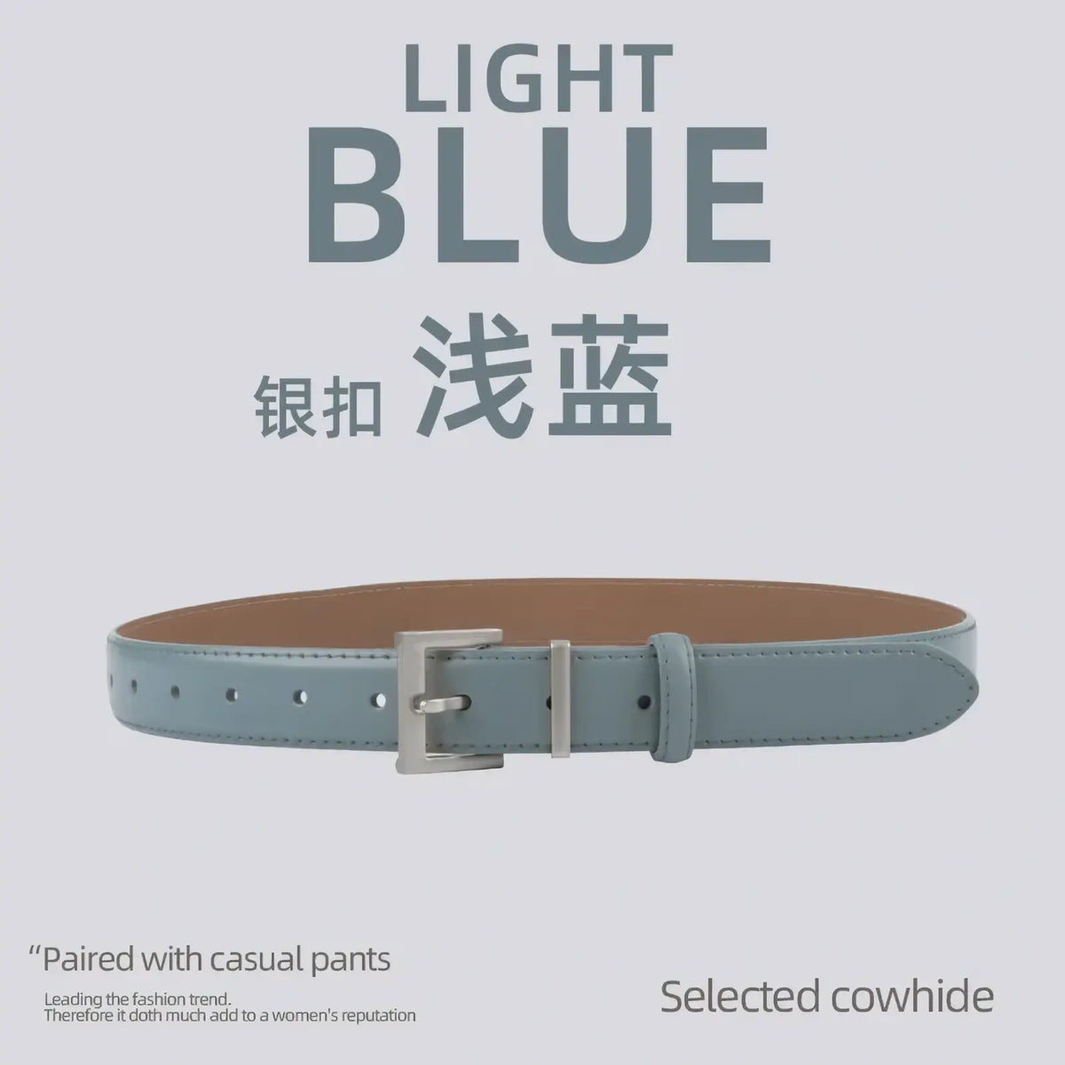 Light blue women real leather belt with gold silver buckle made of selected cowhide for casual use