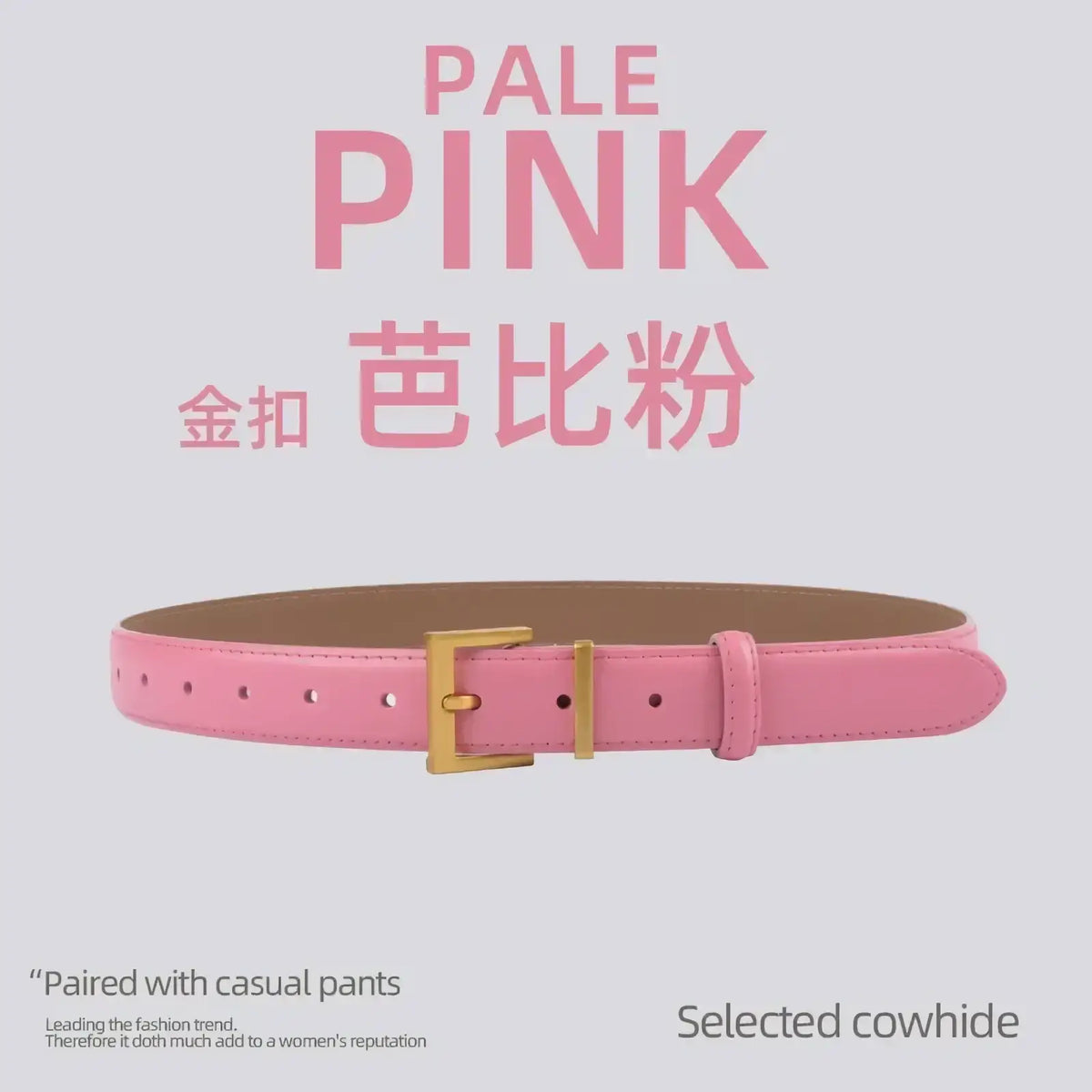Pale pink women real leather belt with gold-toned buckle and stitched edges made from selected cowhide for casual use