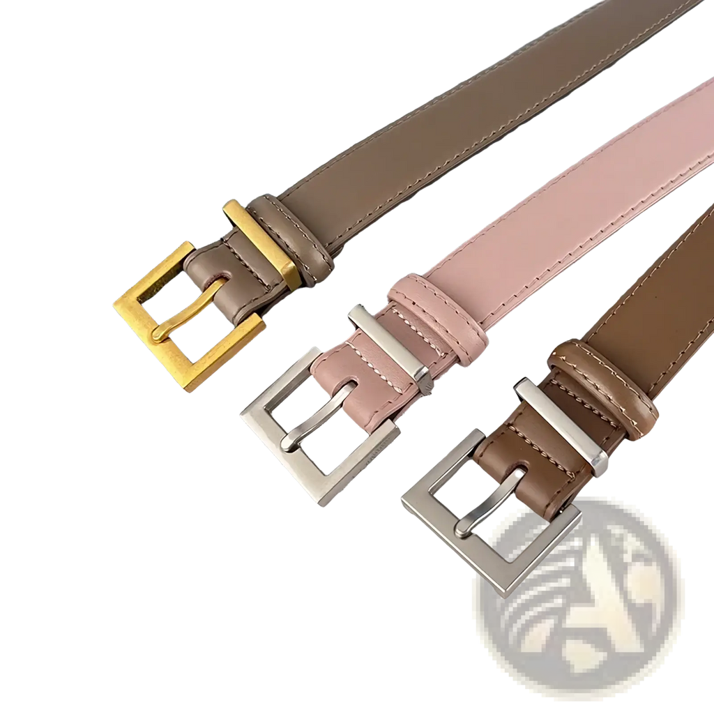 Three slim women real leather belts in taupe blush pink and brown with gold metallic buckles for casual wear