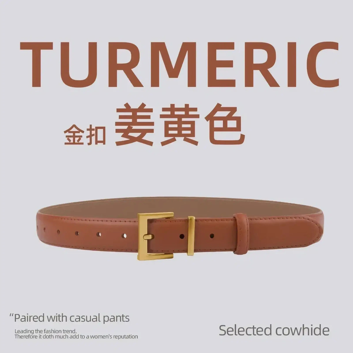 Turmeric-colored women real leather belt with gold-toned buckle made from selected cowhide for casual wear