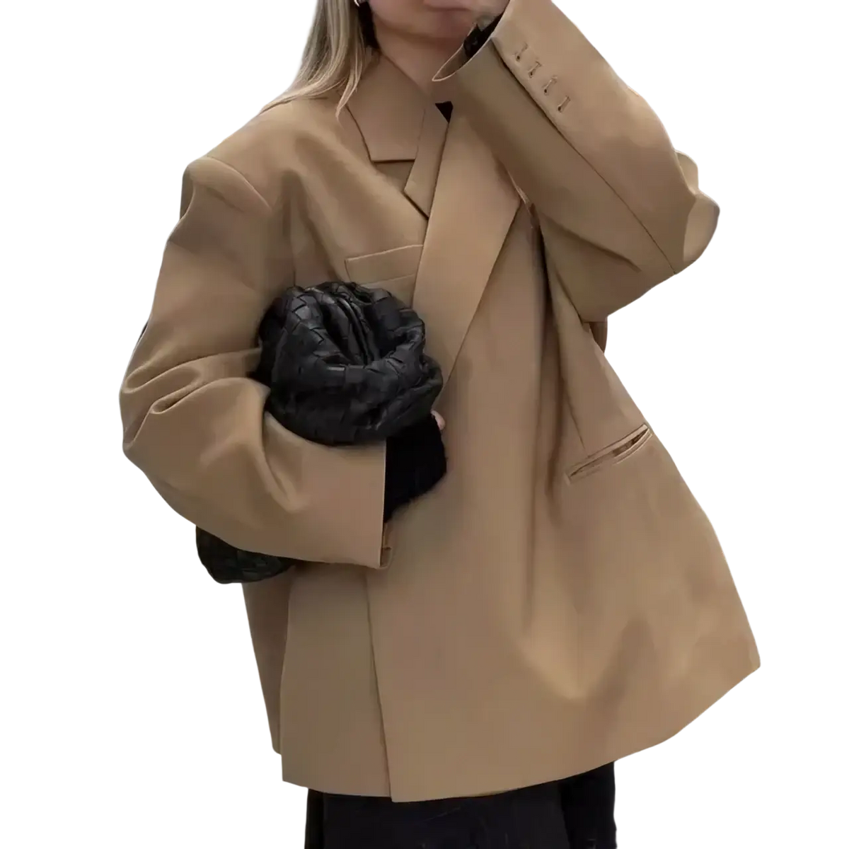 Beige oversized blazer with structured shoulders and classic collar paired with women red patent leather tote bag