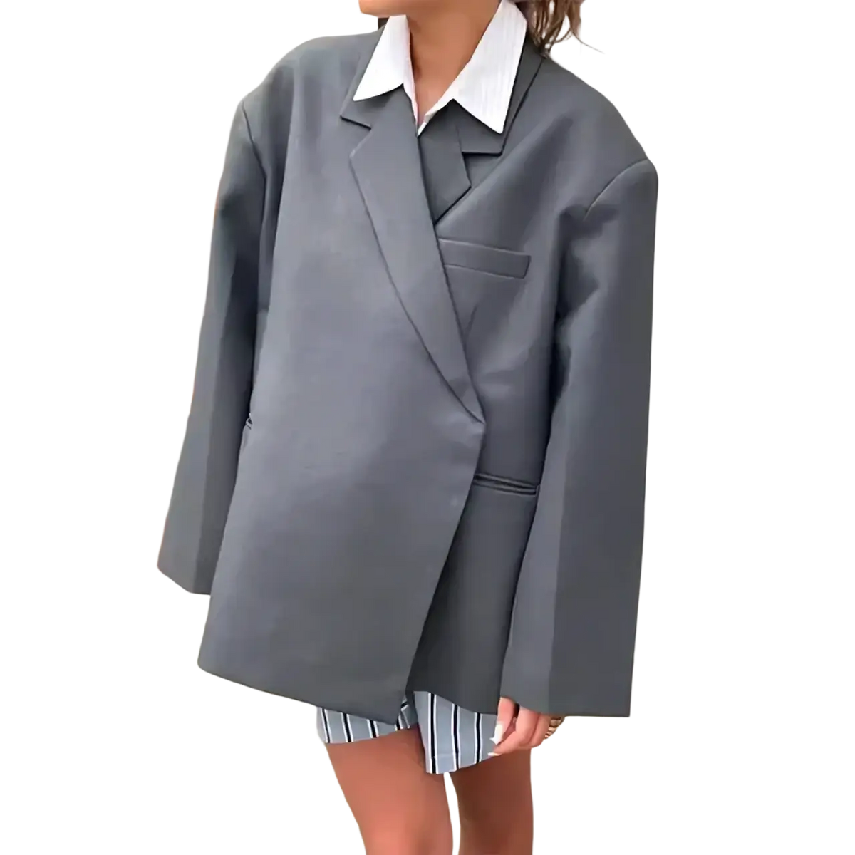 Women red patent leather tote bag shown with gray oversized blazer and white collared shirt underneath