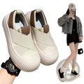 Cream-colored women retro breathable slip-on casual sneakers with brown leather accents and thick white rubber sole