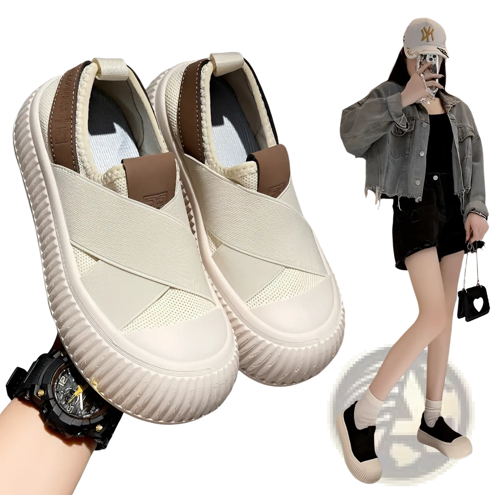 Cream-colored women retro breathable slip-on casual sneakers with brown leather accents and thick white rubber sole
