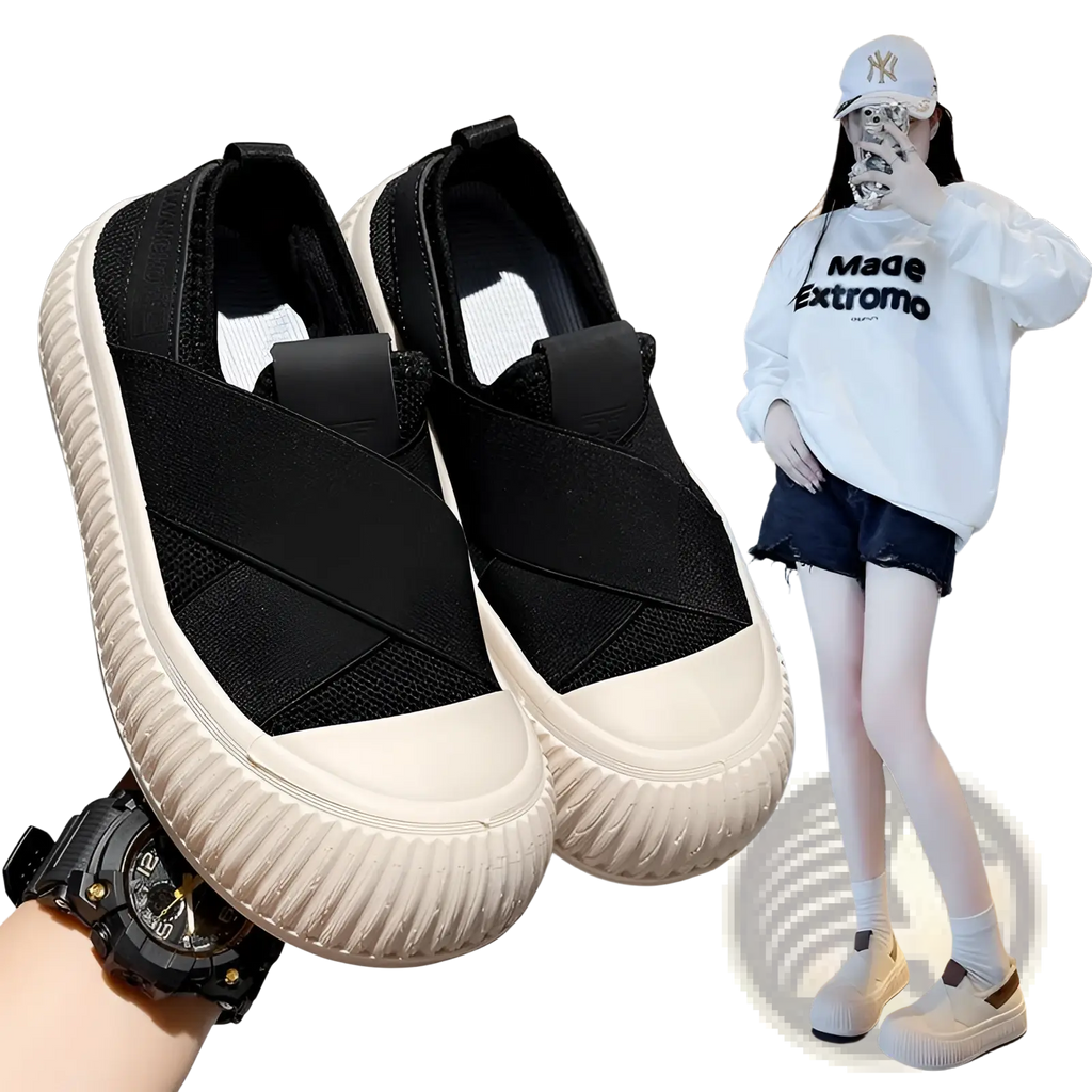 Black women retro breathable slip on casual sneakers with crisscross elastic straps and thick textured white rubber sole
