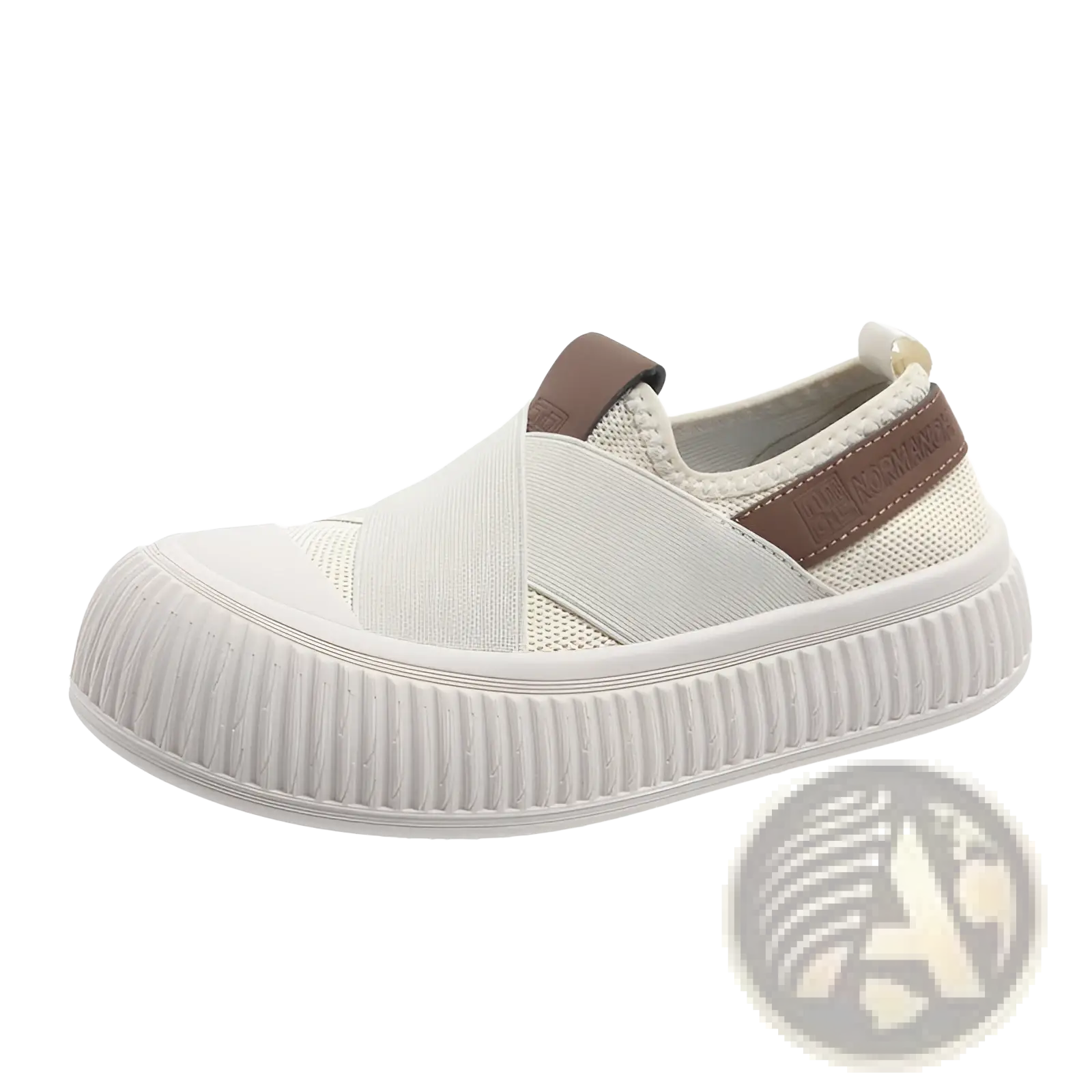 White canvas women retro breathable slip on casual sneaker with brown leather accents and ribbed rubber sole