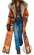 Women retro printed long coat featuring vibrant orange blue and brown geometric wool fabric with plush fur-lined hood
