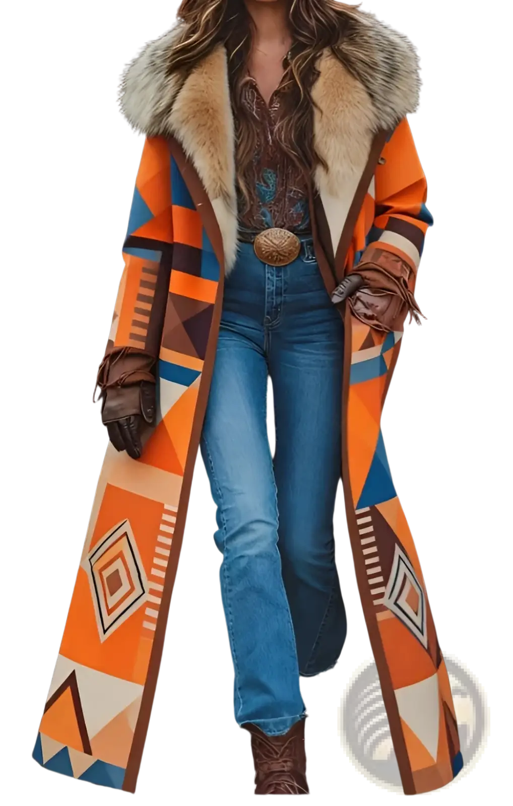Women retro printed long coat featuring vibrant orange blue and brown geometric wool fabric with plush fur-lined hood