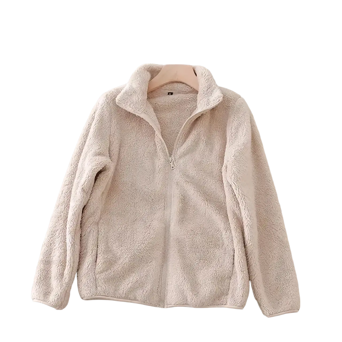 Beige plush fleece women reversible winter coat with high collar and full-length zipper for cold weather use