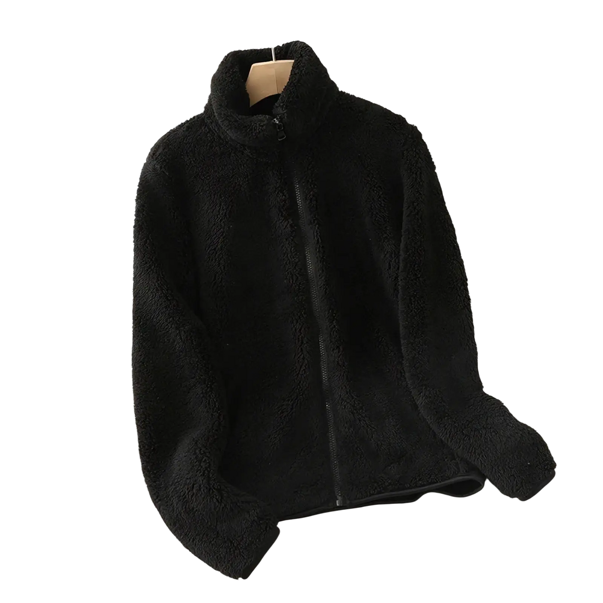 Black fluffy fleece jacket with high collar and zipper for women reversible fleece winter coat front view