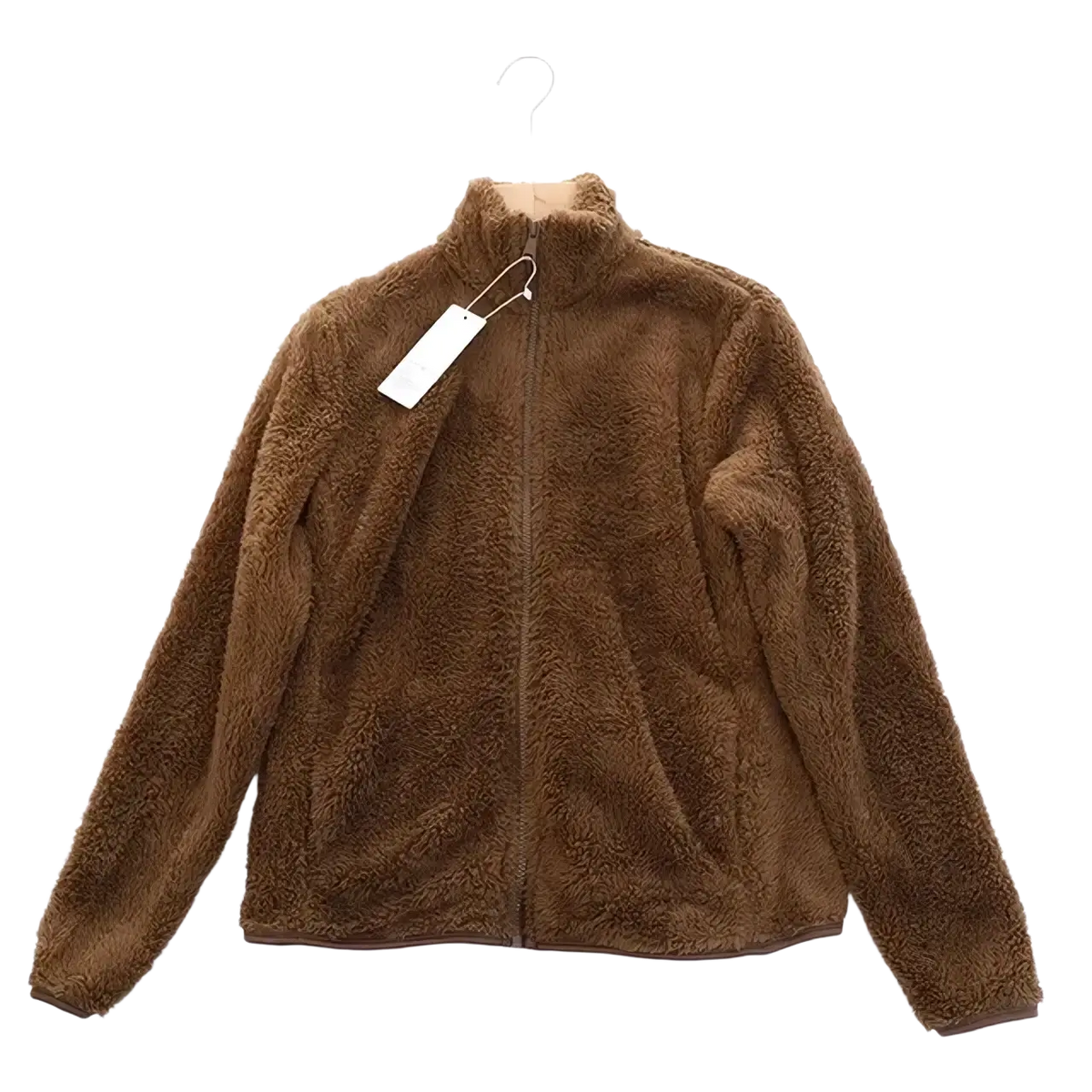 Women reversible fleece winter coat in brown plush fleece with high collar and full-length zipper front