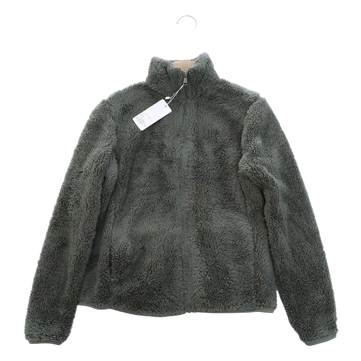 Women reversible fleece winter coat in cozy olive green with high collar and full-length zipper hanging on hanger