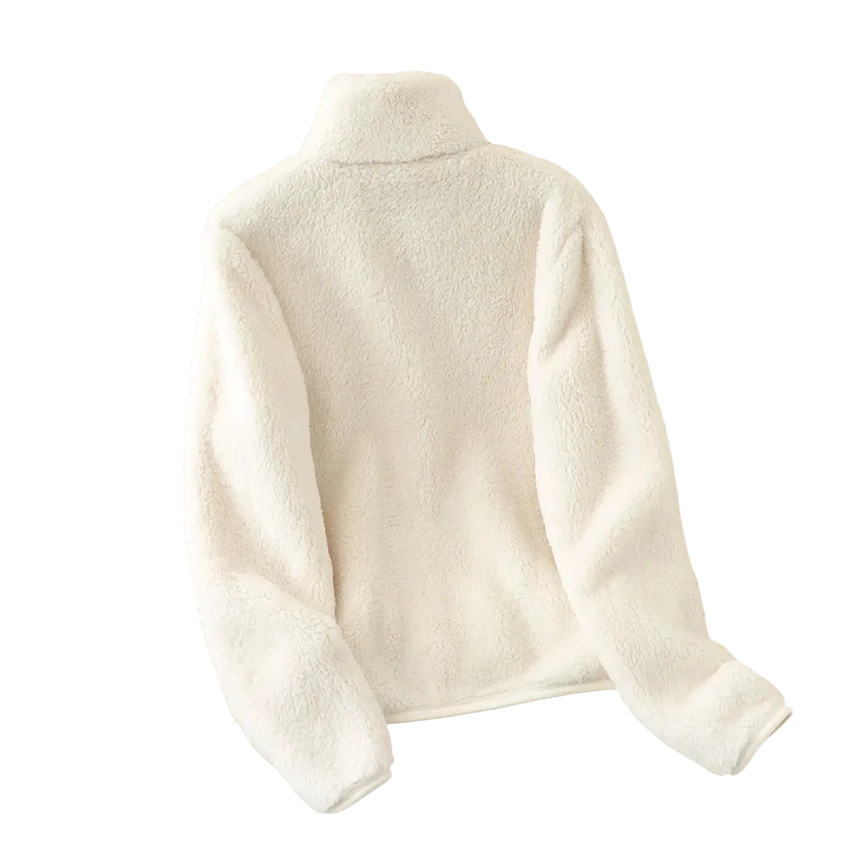 Women reversible fleece winter coat in cream color featuring a plush faux fur high collar and long sleeves