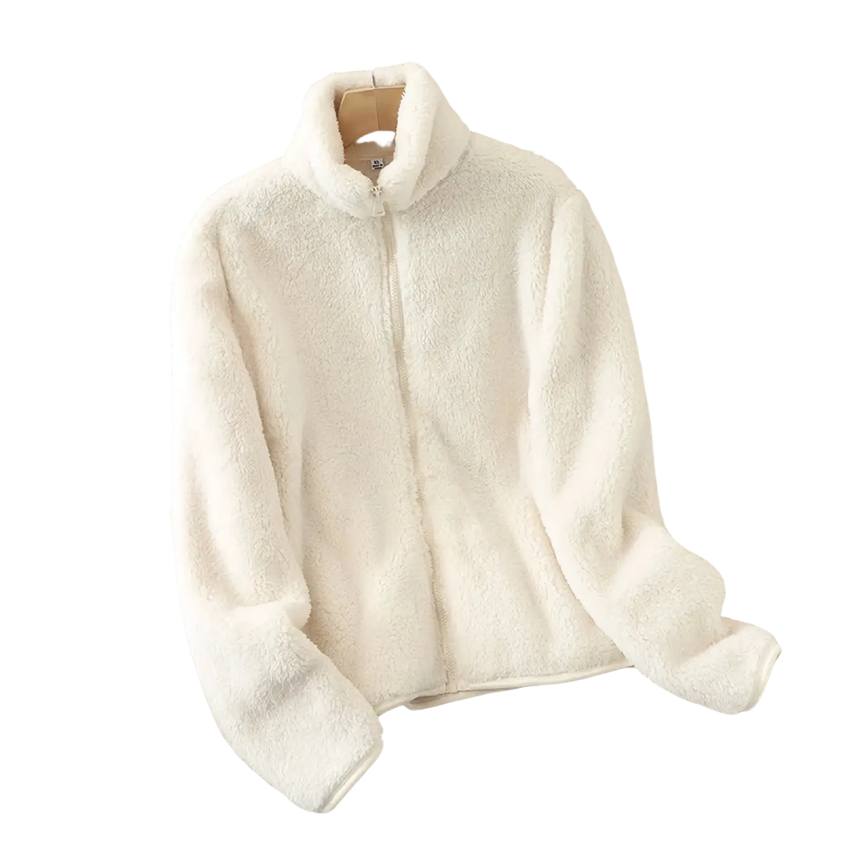 Women reversible fleece winter coat cream-colored plush faux fur zip-up jacket with high collar and soft texture