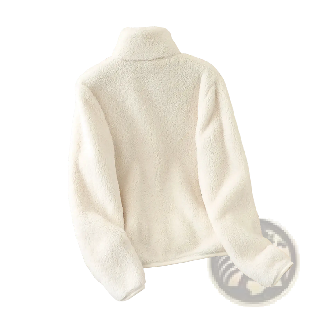 Women reversible fleece winter coat in cream color featuring a plush faux fur high collar and long sleeves