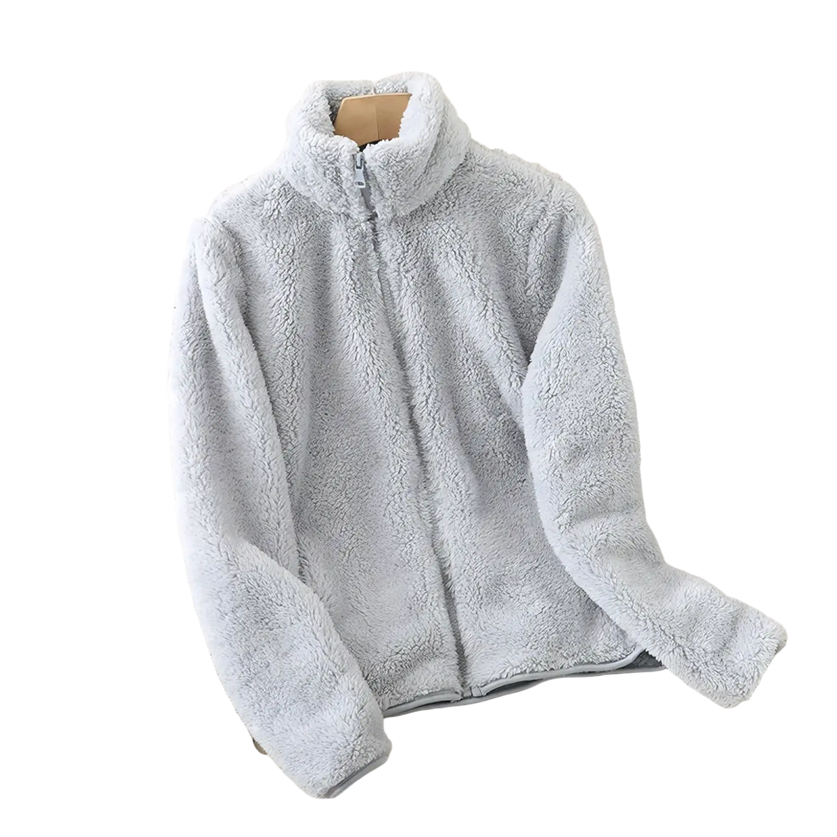 Women reversible fleece winter coat in light gray featuring plush material, high collar, and full-length zipper
