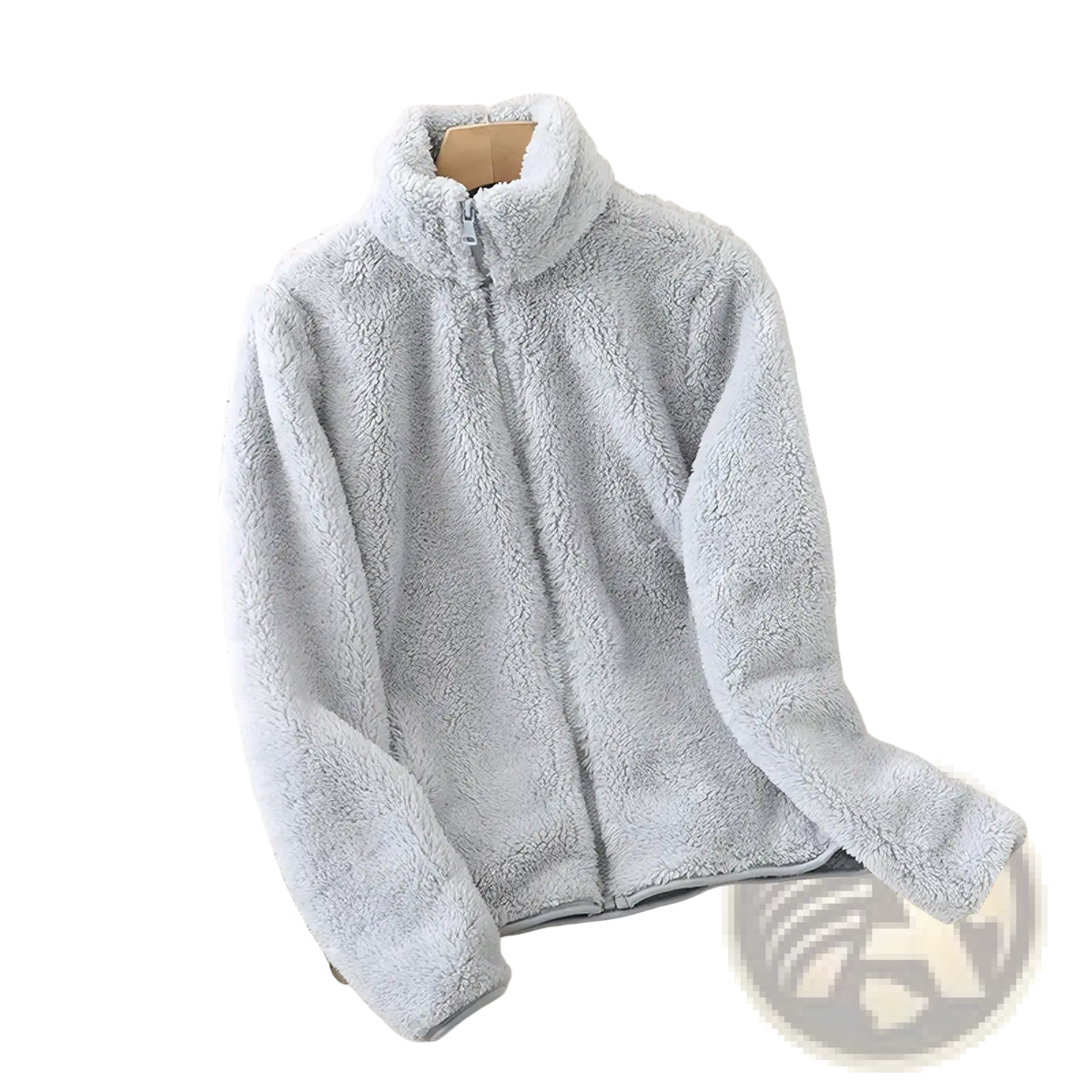 Women reversible fleece winter coat in light gray featuring plush material, high collar, and full-length zipper