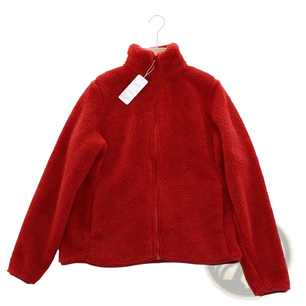 A vibrant red women reversible fleece winter coat with plush material high collar and full-length zipper