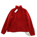 A vibrant red women reversible fleece winter coat with plush material high collar and full-length zipper
