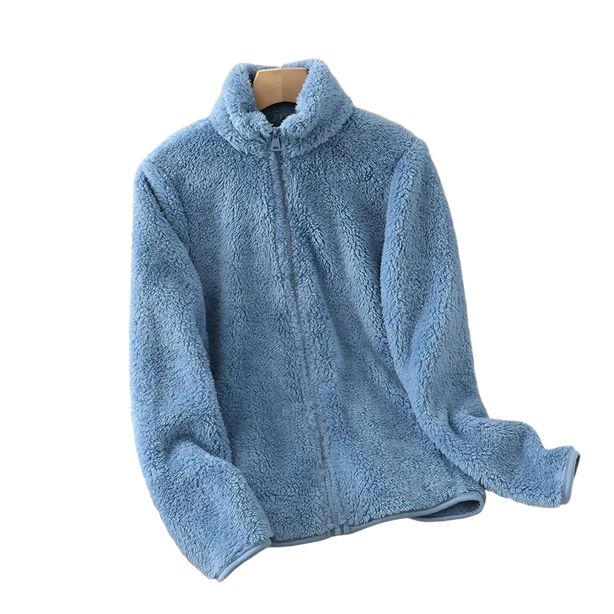 Women reversible fleece winter coat in soft light blue plush fleece with full-length zipper for cold weather use