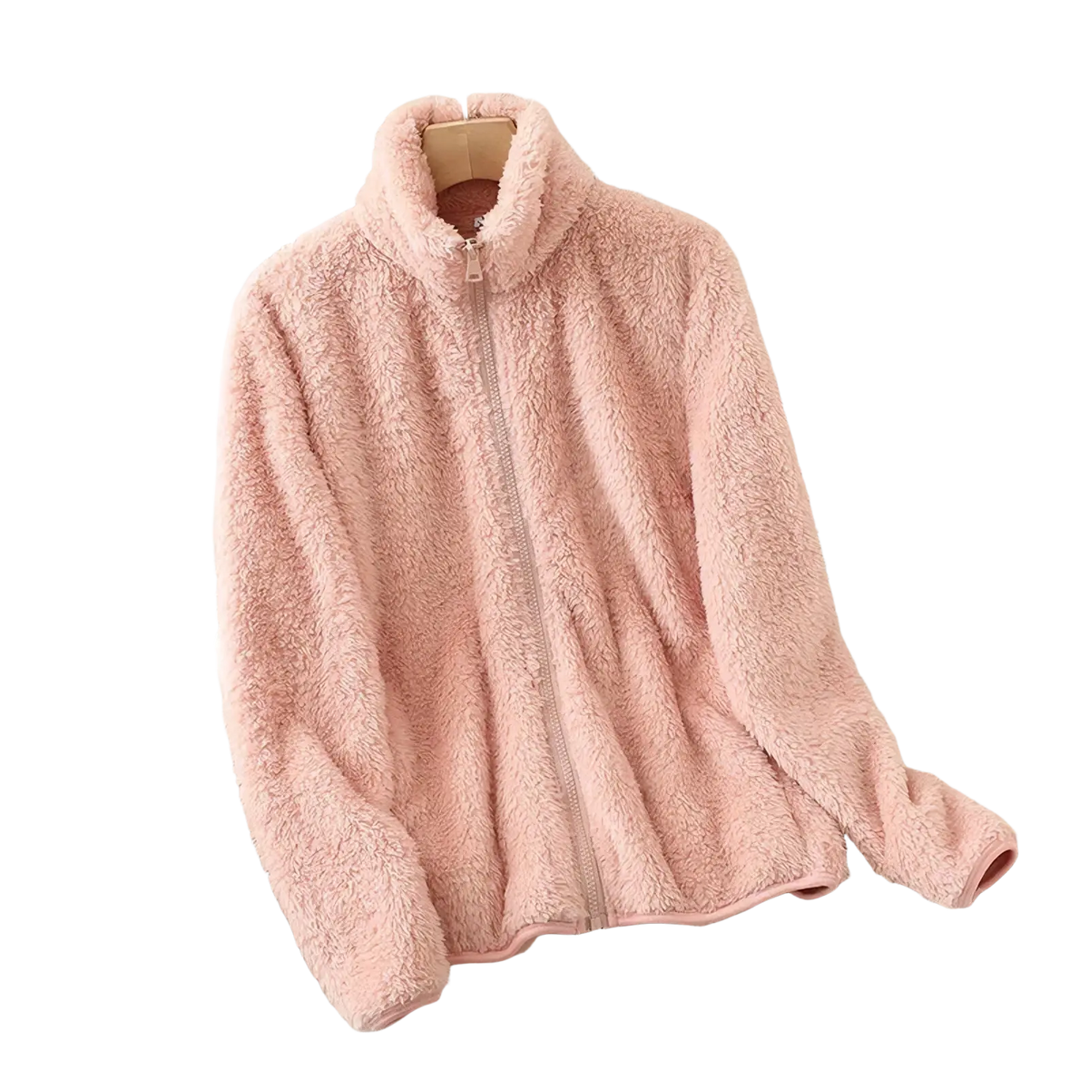 A soft pink women reversible fleece winter coat with a high collar and full-length zipper made of plush fleece