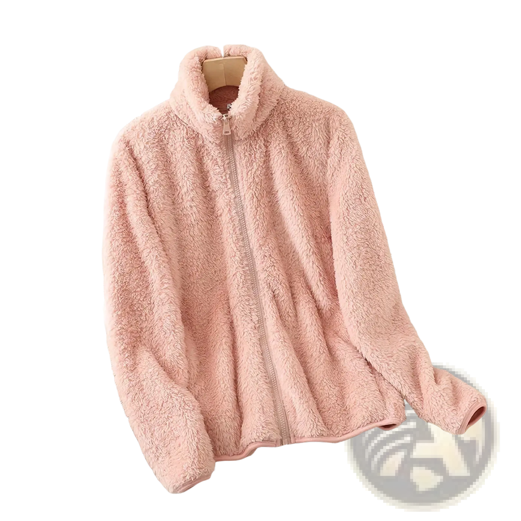 A soft pink women reversible fleece winter coat with a high collar and full-length zipper made of plush fleece