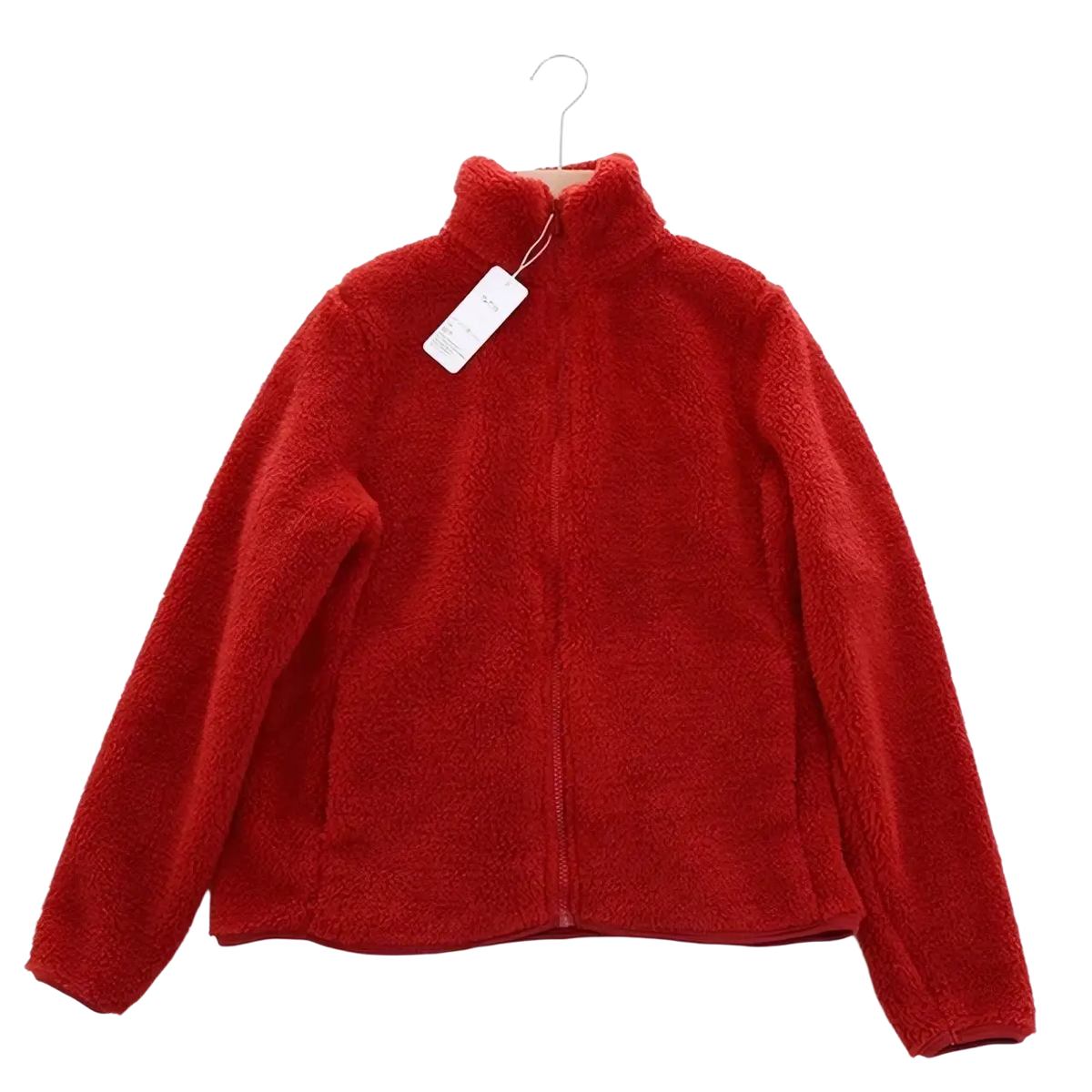 A vibrant red women reversible fleece winter coat with plush material high collar and full-length zipper