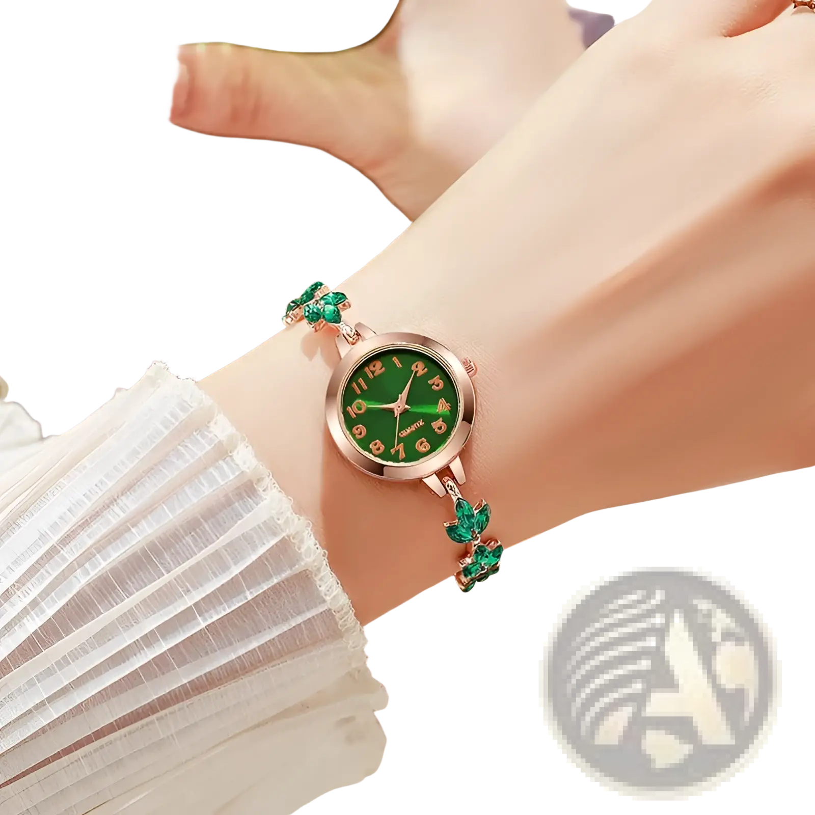 A delicate green and rose gold women rhinestone quartz watch with emerald accents and crystal leaf bracelet charms