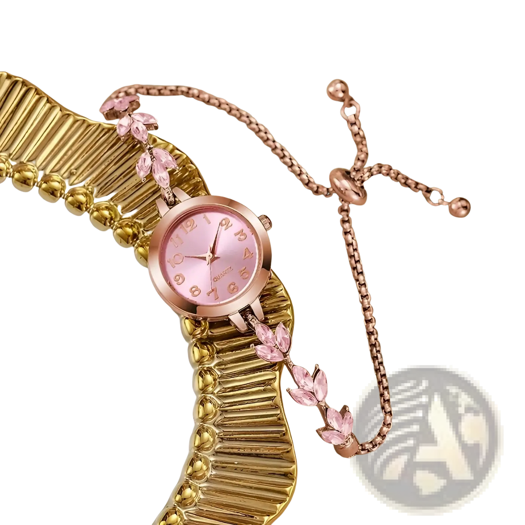 Delicate rose gold women rhinestone quartz watch with pink dial and sparkling pink crystal leaf accents on adjustable chain