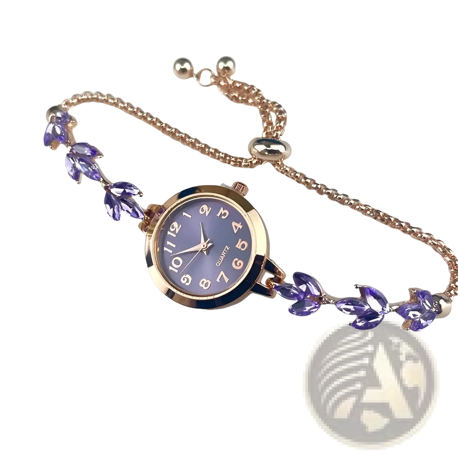 A delicate rose gold women rhinestone quartz watch with a lavender dial and purple gemstone leaf bracelet accents