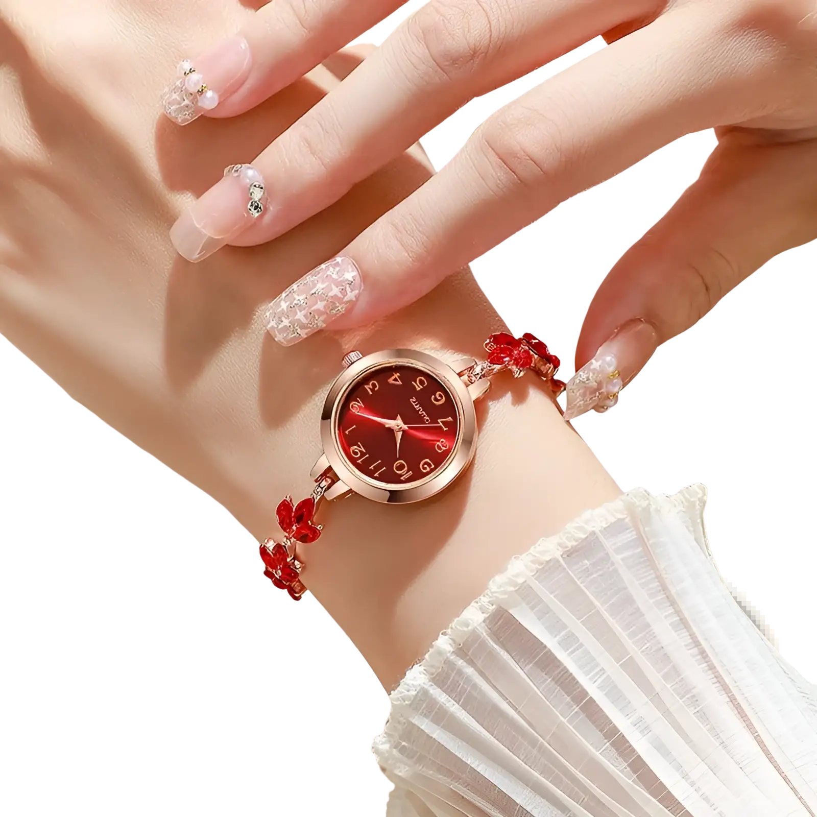 A delicate rose gold women rhinestone quartz watch with a vibrant red face and crystal leaf bracelet embellishments