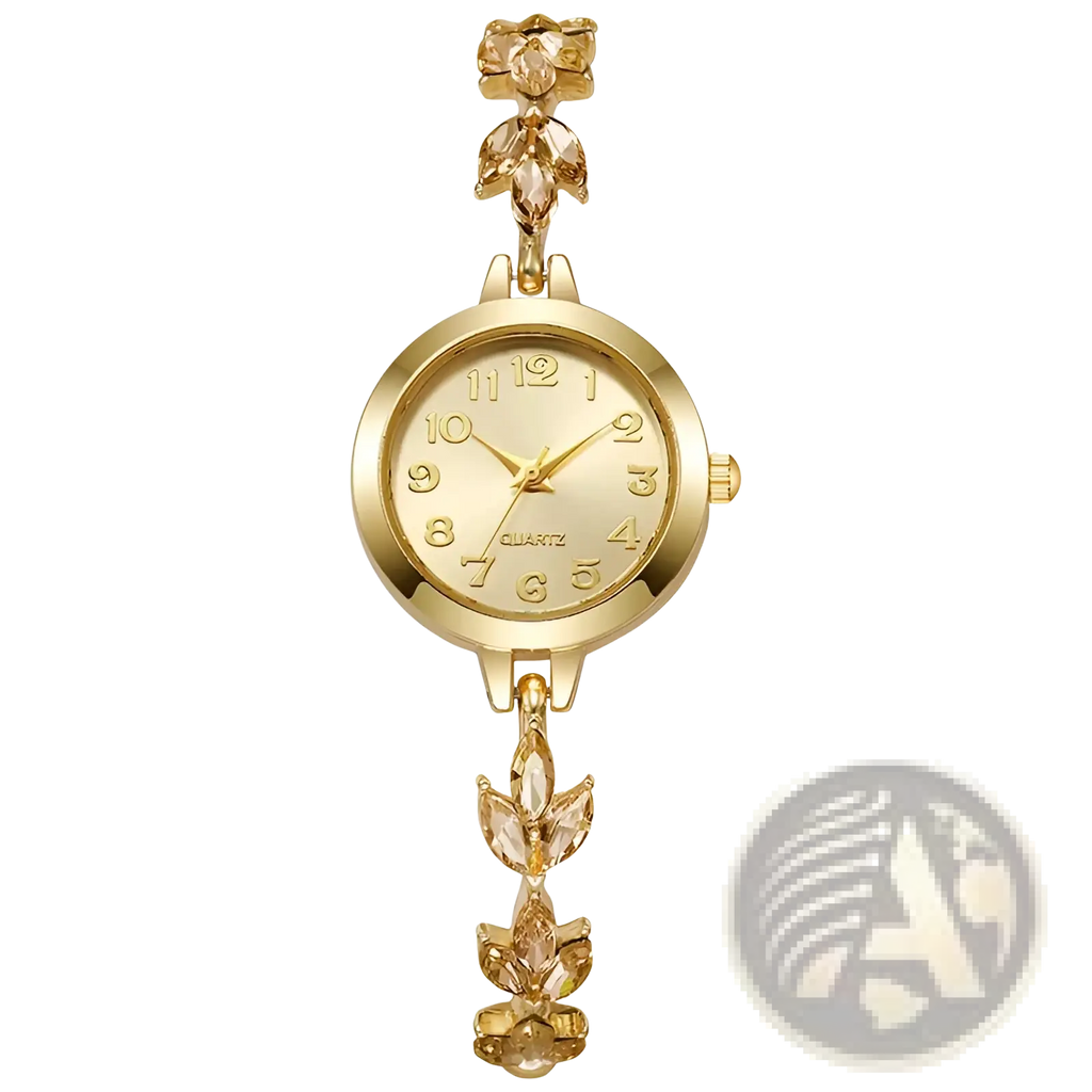 Gold-toned floral pendant watch with crystal embellishments and quartz movement in women rhinestone crystal leaf bracelet