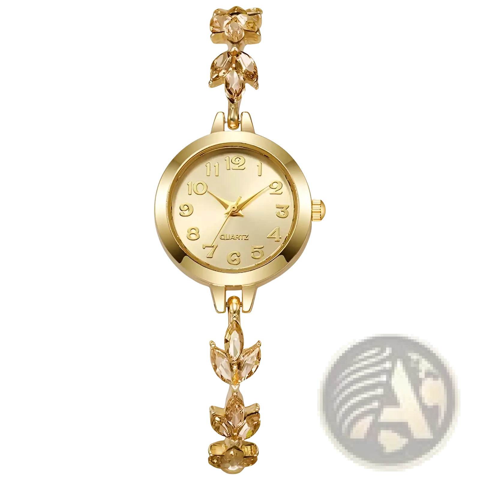 Gold-toned floral pendant watch with crystal embellishments and quartz movement in women rhinestone crystal leaf bracelet